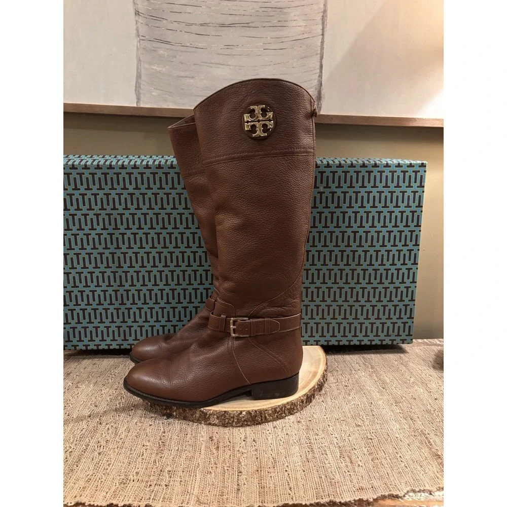 Tory Burch Adeline Almond Leather Gold Logo Buckle Knee High Riding Boots Sz-9.5